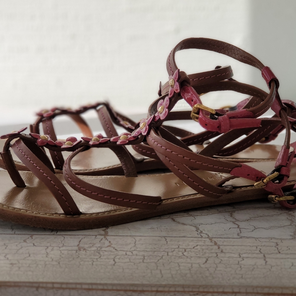 Authentic size 37 Louis Vuitton cage sandals brown leather & dark pink flowers - Picture 3 of 9